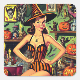 Sticker Carré Vintage Halloween mignonne sorcière Pinup