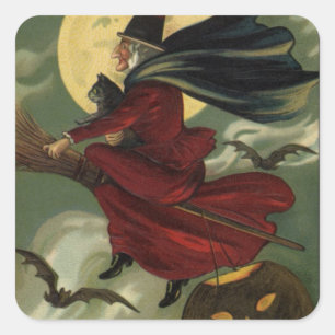 Sticker Carré Vintage Halloween sorcière Broomstick avec chat
