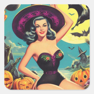Sticker Carré Vintage Halloween sorcière vers le haut