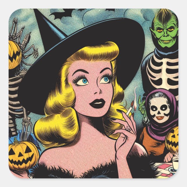 Sticker Carré Vintage Halloween Witch Comics (Devant)
