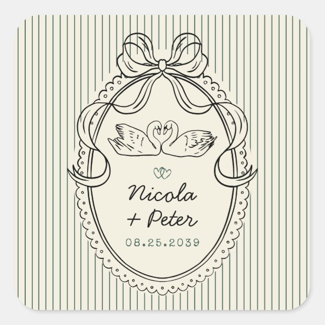 Sticker Carré Vintage Hand Drawn Swan Stripes Wedding Favor (Devant)