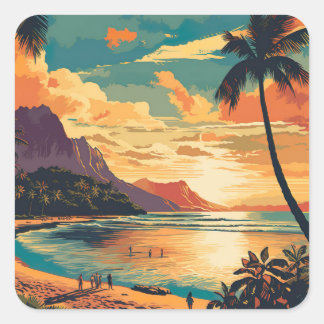 Sticker Carré Vintage Hawaii Beach