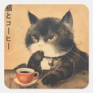 Sticker Carré Vintage Japon art chat mignon avec une tasse de ca