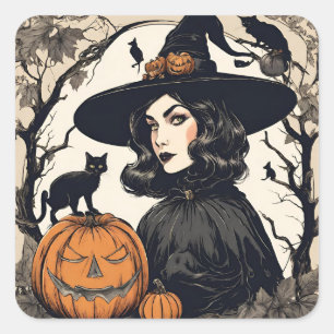 Sticker Carré Vintage jolie sorcière d'Halloween avec chats noir