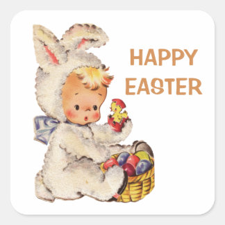 Sticker Carré Vintage Joyeux costume lapin de Pâques