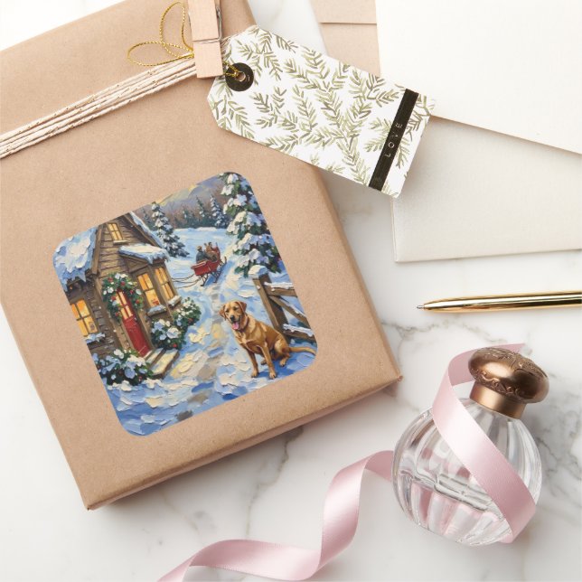 Sticker Carré Vintage Labrador Retriever Christmas Cottage (Cadeaux)