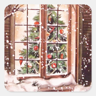 Sticker Carré Vintage Merry Christmas House