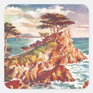 Sticker Carré Vintage Monterey Coastline California Tourisme USA