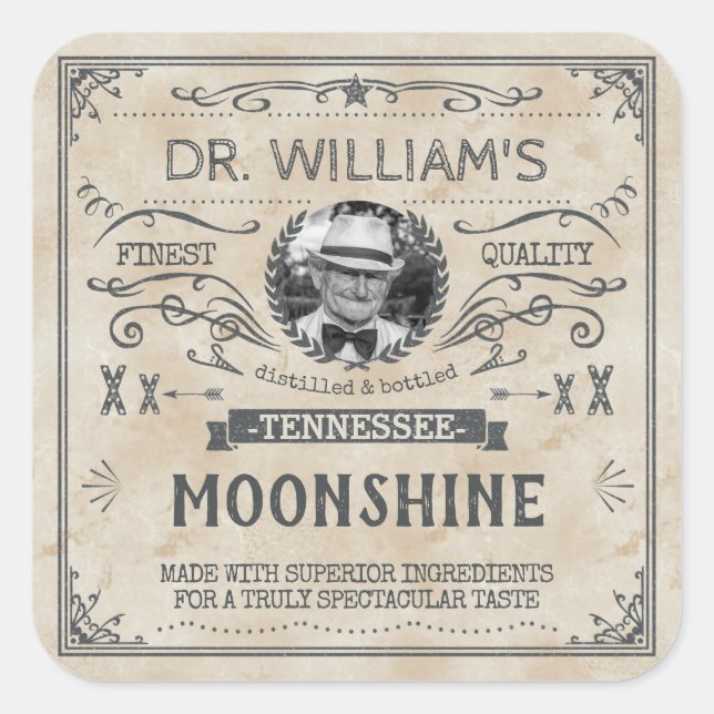 Sticker Carré Vintage Moonshine Hillbilly Médecine Brasseur Pers (Devant)