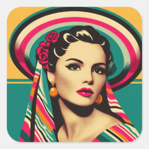 Sticker Carré Vintage Mujer Latina con Sarape y Sombrero