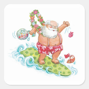 Sticker Carré Vintage Noël Cartoon Surf Santa Claus