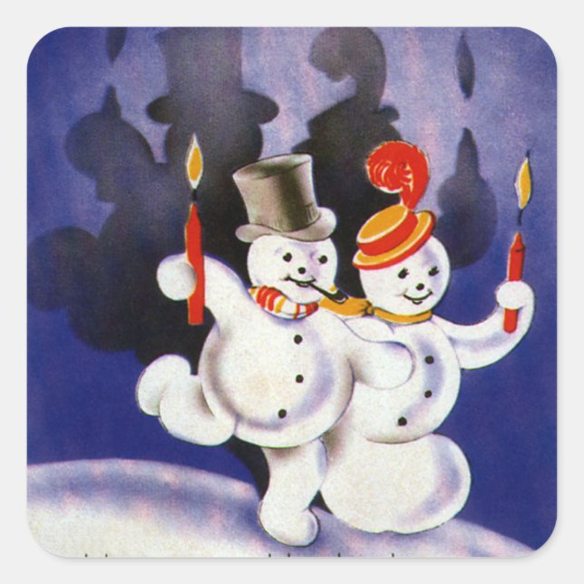 Sticker Carré Vintage Noël Dancing Snowmen avec bougies (Devant)