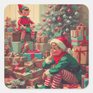 Sticker Carré Vintage Noël elfes Retro Holiday