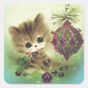 Sticker Carré Vintage Noël milieu du siècle Pastel Kitten