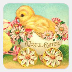 Sticker Carré Vintage Oeuf de Pâques Porte-poussins Fleurs flora