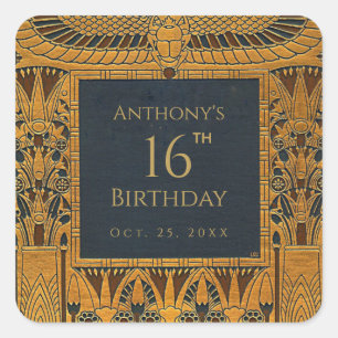 Sticker Carré Vintage or égyptien à thème Anniversaire Bleu élég