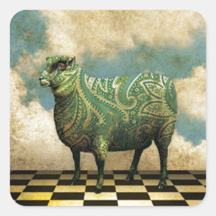 Sticker Carré Vintage Paisley Blue Green Sheep