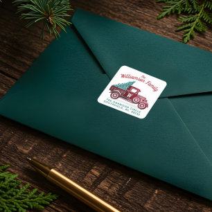 Sticker Carré Vintage Red Truck Christmas Tree Monogramme Adress