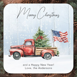 Sticker Carré Vintage Red Truck USA Drapeau Patriotique Noël