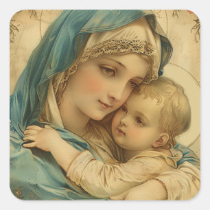 Sticker Carré Vintage Religieux Vierge Marie Floral Gold Catholi