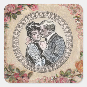 Sticker Carré Vintage Romance Couple : Antique Rose Girly Love