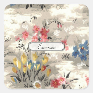 Sticker Carré Vintage rose Bleu Jaune Floral Moyenne du siècle