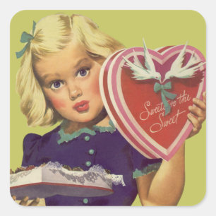 Sticker Carré Vintage Saint Valentin, Fille au chocolat