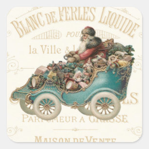 Sticker Carré Vintage Santa Claus Jouets de Noël Français Voitur