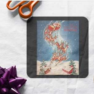 Sticker Carré Vintage Santa Claus Sleigh et Reindeer Flying