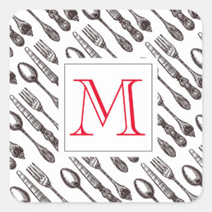 Sticker Carré Vintage Silverware Classic Foodie Initial