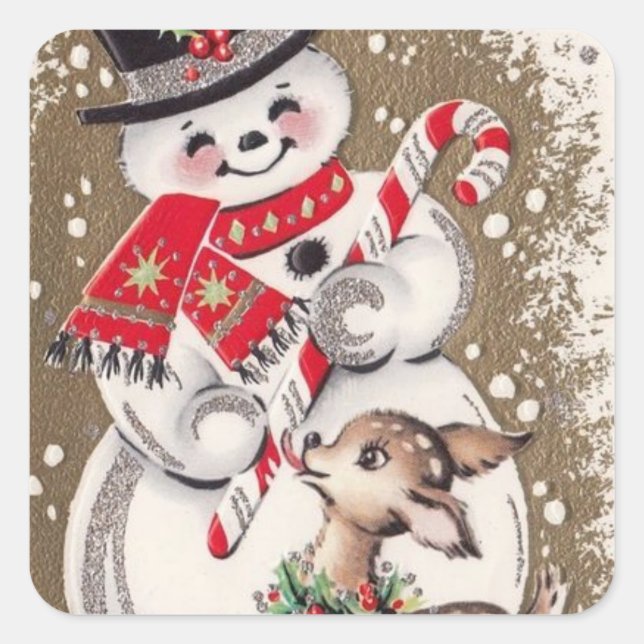 Sticker Carré Vintage Snowman With Baby Deer (Devant)