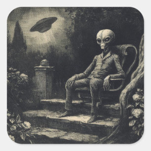 Sticker Carré Vintage Space Alien et UFO Antique Engraving