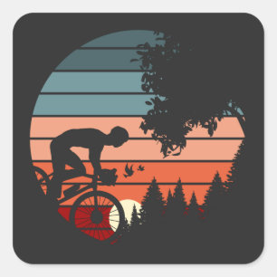 Sticker Carré Vintage Sunset Cyclist Cycling In Hill Mountains