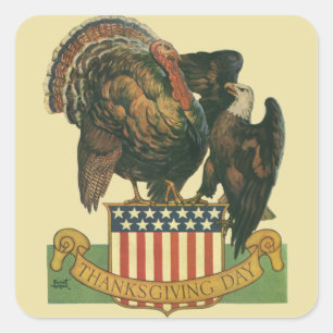 Sticker Carré Vintage Thanksgiving Turquie, aigle, drapeau améri