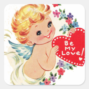 Sticker Carré Vintage Valentine Cherub Angel Be My Love