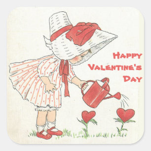 Sticker Carré Vintage Valentine Cute Girl Waters Coeurs rouges
