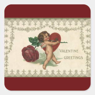 Sticker Carré Vintage victorien Saint-Valentin chérubin, rose et