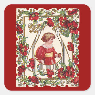 Sticker Carré Vintage Victorien Valentine's Day Enfant avec Rose