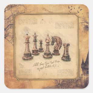 Sticker Carré Vintage Vieux Jeu d'échecs Pièces Art Joueur Cadea