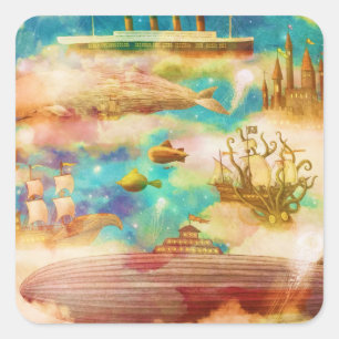 Sticker Carré Vintage voyage World Sky Blue Ocean Whales