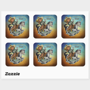 Sticker Carré Vintage Western Cowboy Kid On Horse avec corde