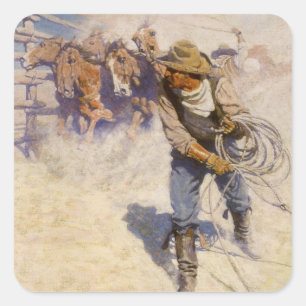 Sticker Carré Vintage Western Cowboys, In the Corral par NC Wyet