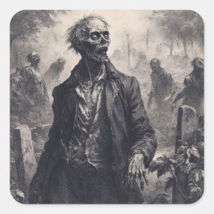 Sticker Carré Vintage Zombie Etching Horreur Éffrayant mort