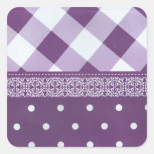 Sticker Carré Violet blanc À damiers Polka Dot Floral Damask Art