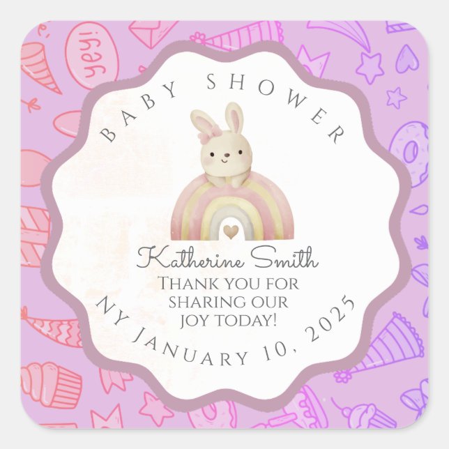 Sticker Carré VIOLET bunny pastel party babyshower  (Devant)