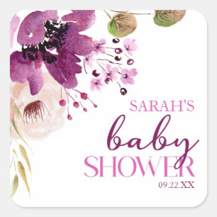 Sticker Carré Violet Magenta Purple Baby shower Floral