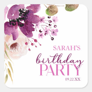 Sticker Carré Violet Magenta Purple Floral fête d'anniversaire
