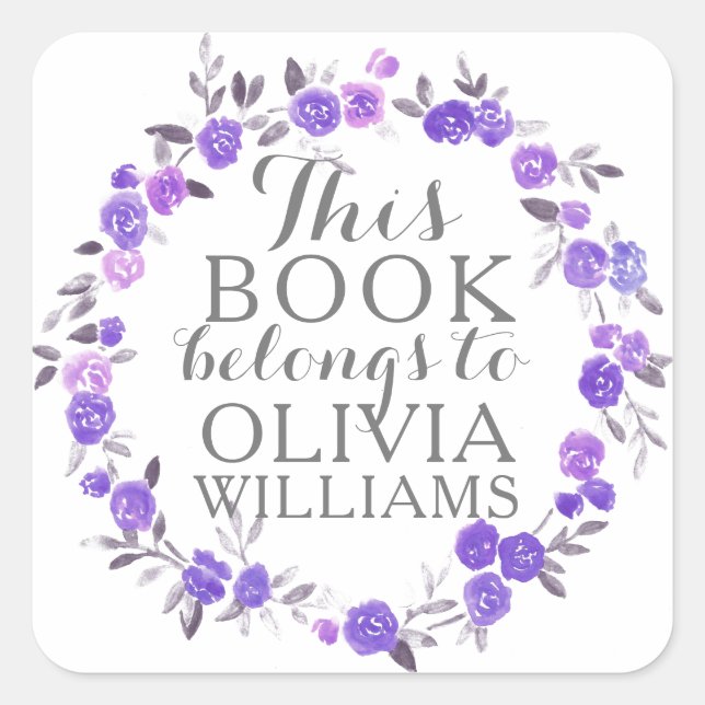 Sticker Carré Violet Roses d'aquarelle Ce Livre Appartient aux S (Devant)