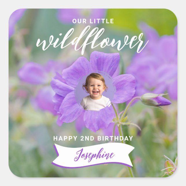 Sticker Carré Violet Wildflower Custom Photo Happy Birthday (Devant)