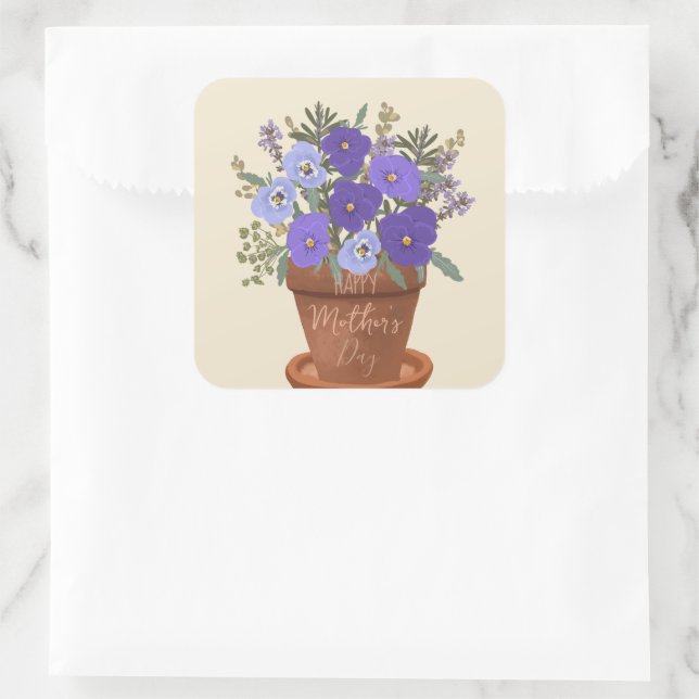 Sticker Carré Violettes violettes dans un pot – Fleurs de la fêt (Sac)
